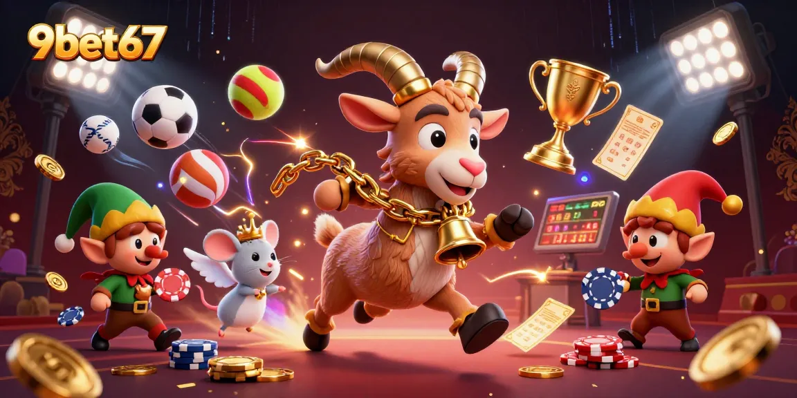 Experience the thrill at 9bet67, a lively casino scene with festive characters and dynamic game elements.