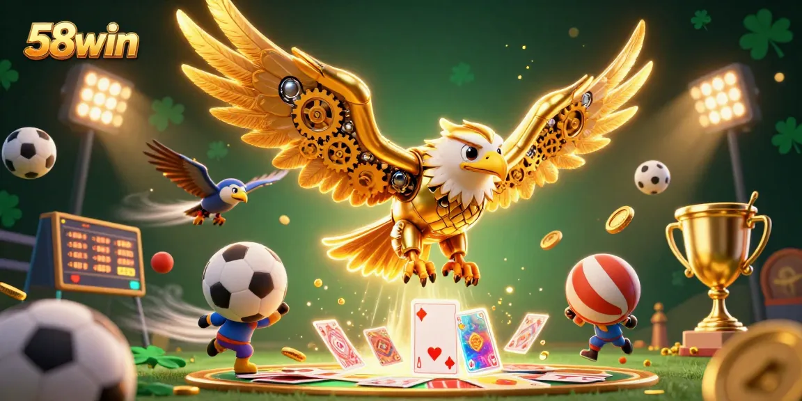 Experience thrilling gameplay with 58win's dynamic sports-themed casino scene featuring golden eagle and holographic elements.