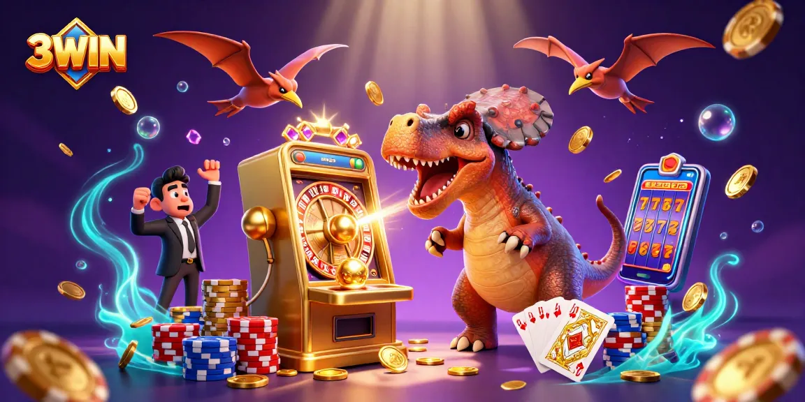 3WIN casino illustration showcasing a cartoon dinosaur winning jackpot coins by playing slots amidst a vibrant casino setting.