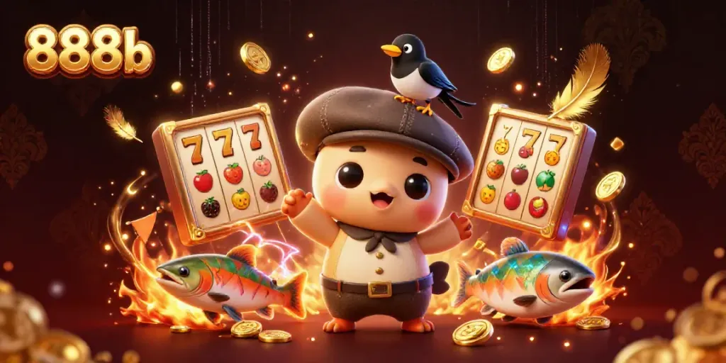 Play dynamic games at 888b with fun characters in a vibrant casino scene.