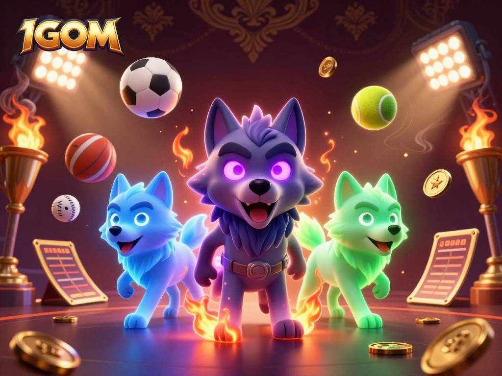 Experience thrilling bets with 1GOM as dynamic wolves embody sports excitement and energy.