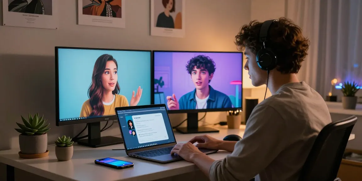 Engaged user interacting with character ai nsfw in a modern home office setting, showcasing vibrant AI avatars.
