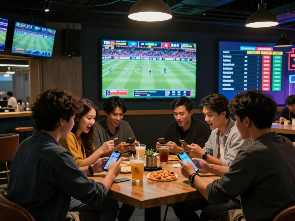 Friends engaging in real-time sports betting excitement using ai88bet app in a lively bar atmosphere.