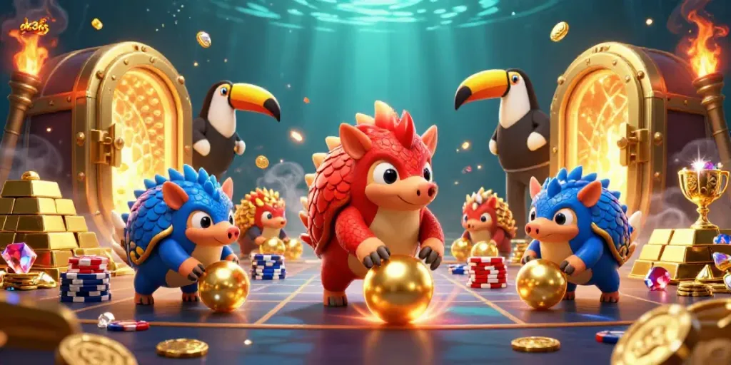 Experience thrilling gaming with ok365 as pangolins roll through poker chips in a dazzling casino scene.