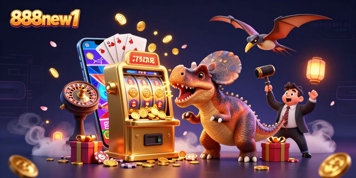 Experience the excitement of 888new1 as cartoon characters celebrate jackpot wins amidst dynamic casino elements.