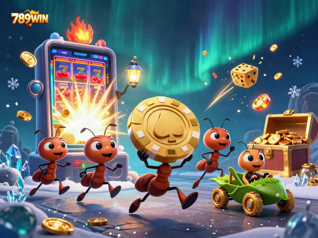 Experience the thrilling adventure at 789WIN with ants and casino symbols in a vibrant heist scene.