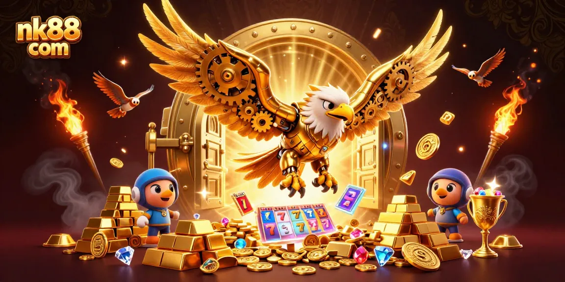 Experience thrilling gameplay at nk88 com with a vibrant 3D golden eagle amid dazzling slot reels.
