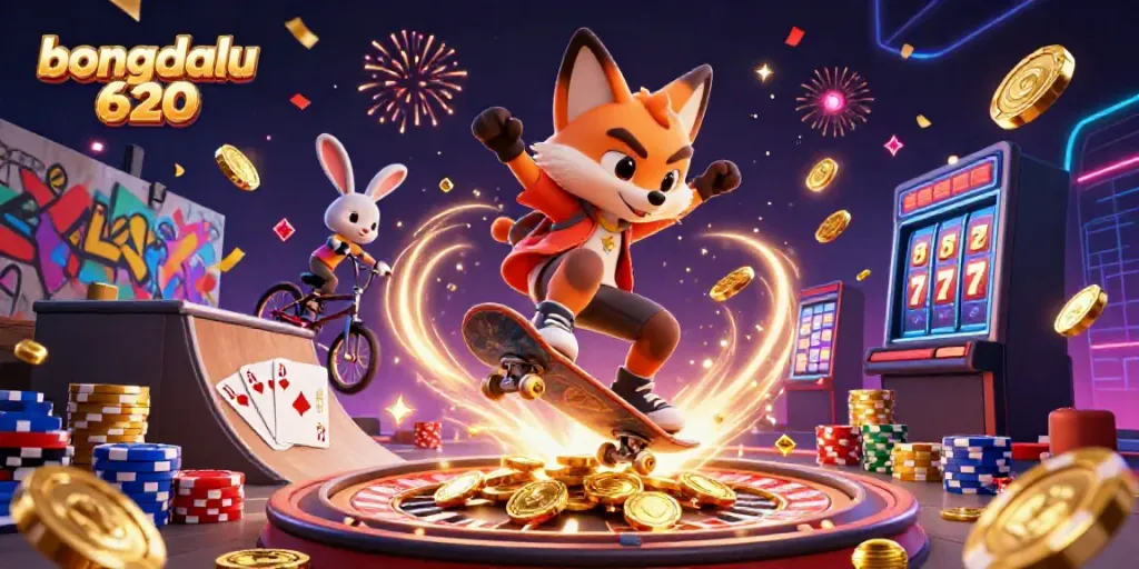 Experience the thrill of bongdalu 620 as a fox and rabbit perform tricks over poker chips, surrounded by casino elements and celebrations.