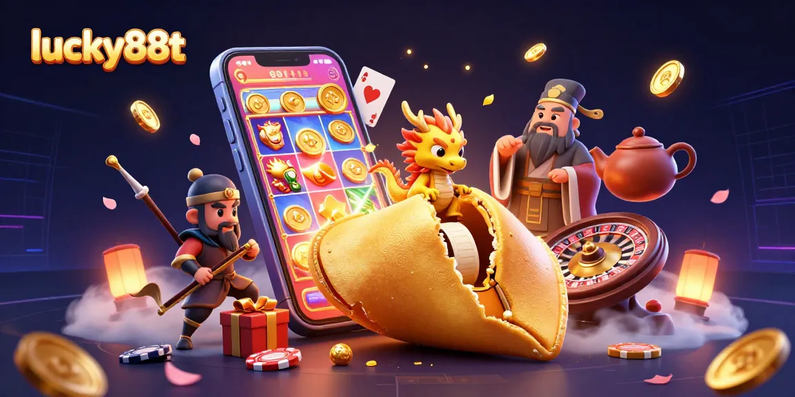 Experience excitement at lucky88t with golden fortune cookie characters amidst a vibrant gaming scene.