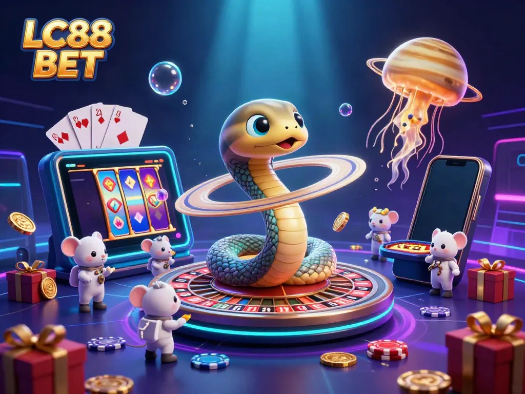 Experience the excitement of LC88 BET with a vibrant cosmic casino scene featuring a roulette wheel and playful astronaut mice.