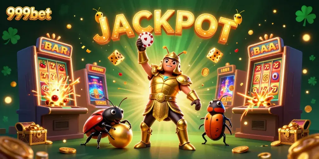 999bet jackpot scene with cartoon beetles celebrating big wins and casino elements.