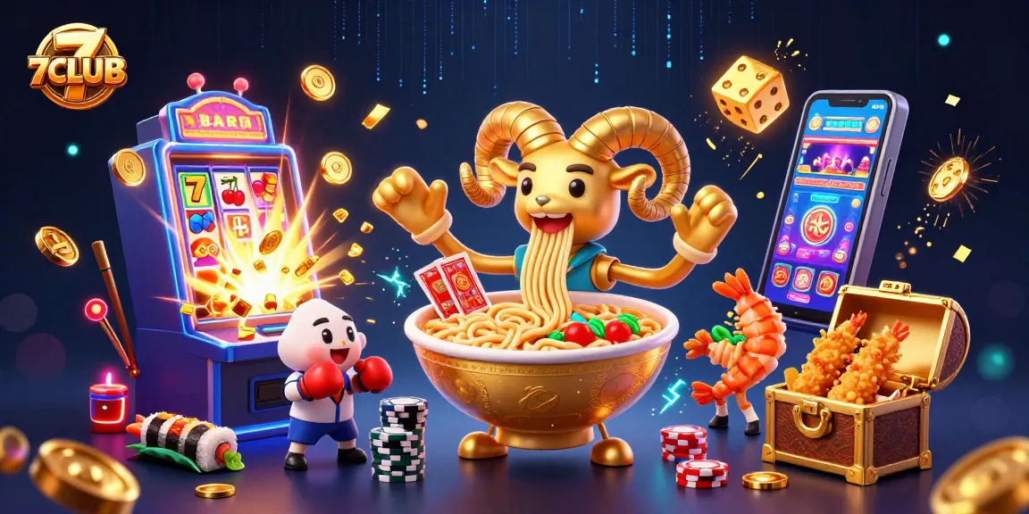 Experience exciting wins at 7CLUB with vibrant casino-themed 3D illustration featuring jackpot elements.