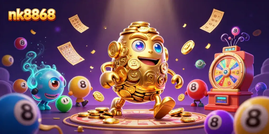 Experience thrilling gameplay with nk8868's golden golem surrounded by lottery balls and dynamic casino elements.