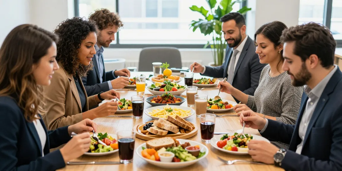 Medewerker geniet van gezonde catering met bedrijfscateraar aan een lange tafel in het kantoor.