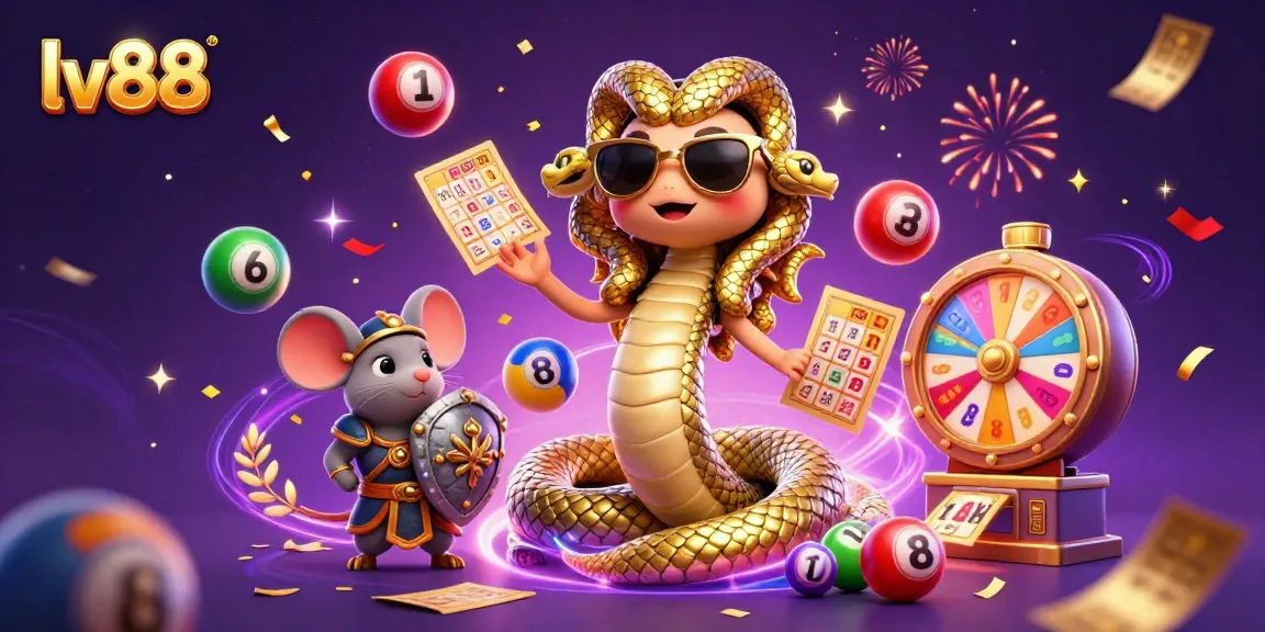 Experience thrilling casino excitement with lv88 featuring a lively illustration of Medusa and a warrior mouse amidst colorful lottery elements.