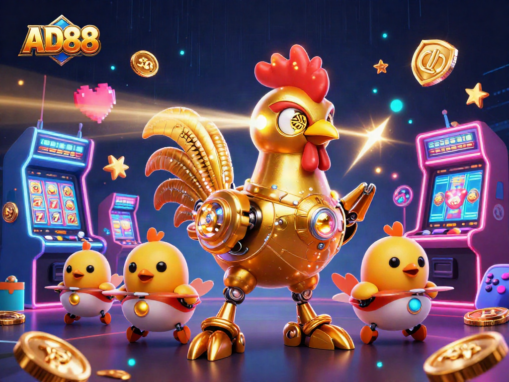 Experience thrilling wins with AD88's vibrant casino illustration of a robot and chick drones.