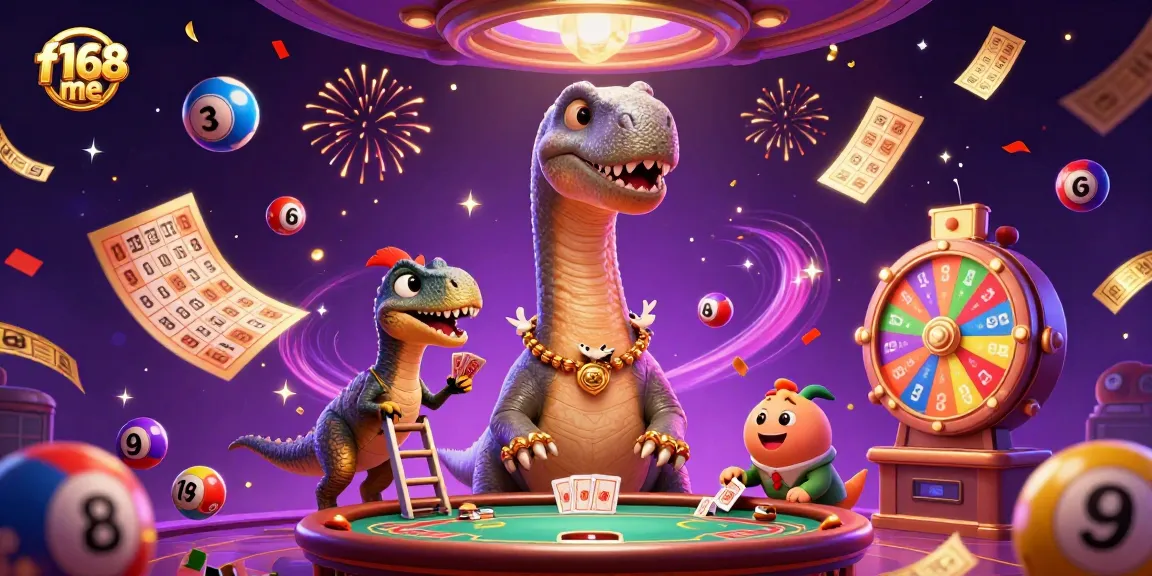 Join the excitement of f168 me as a brontosaurus towers over a vibrant casino scene with dynamic gaming elements.