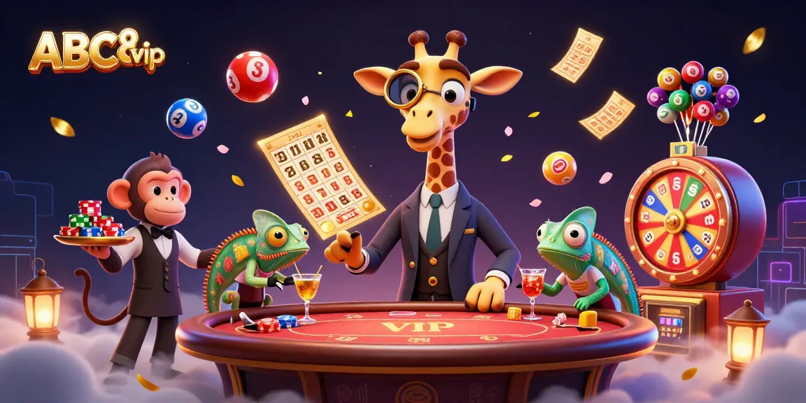 Engage with ABC8 vip as a high-roller giraffe celebrates at a vibrant casino table amidst colorful lottery balls.