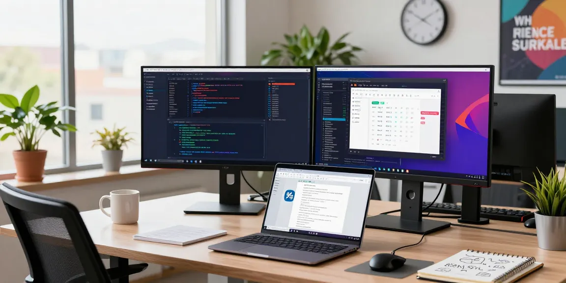 Professional developer using WPS Official Website tools in a modern workspace with dual monitors and natural lighting.