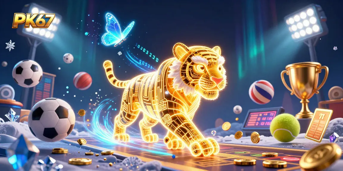 Experience exhilarating wins at PK67 with a dynamic casino scene featuring a golden tiger and vibrant sports elements.