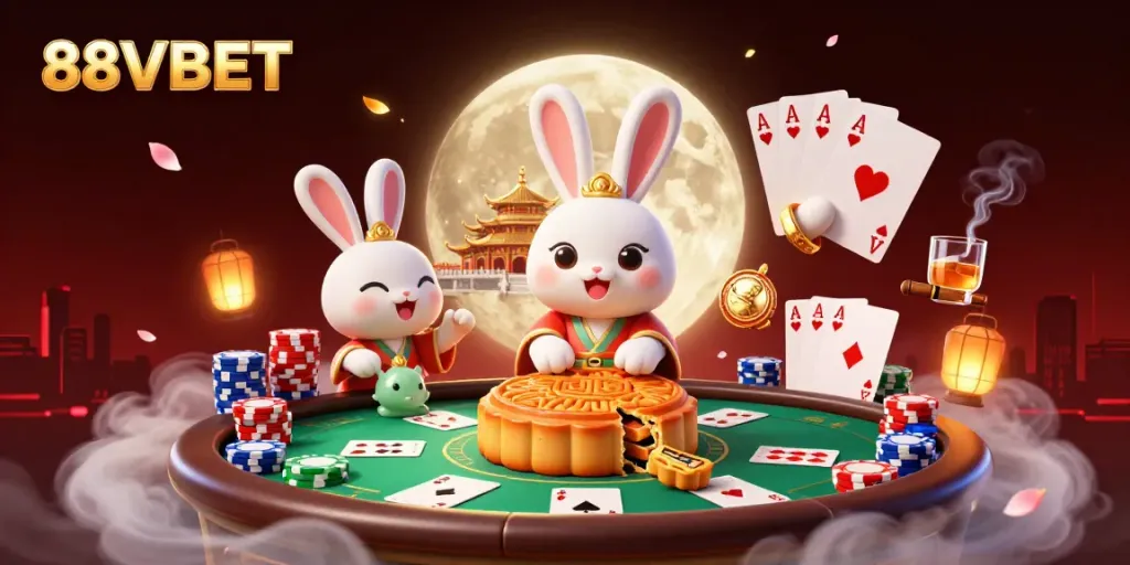 Experience the thrill of 88VBET with a moon rabbit pounding mooncakes that unveil poker chips.