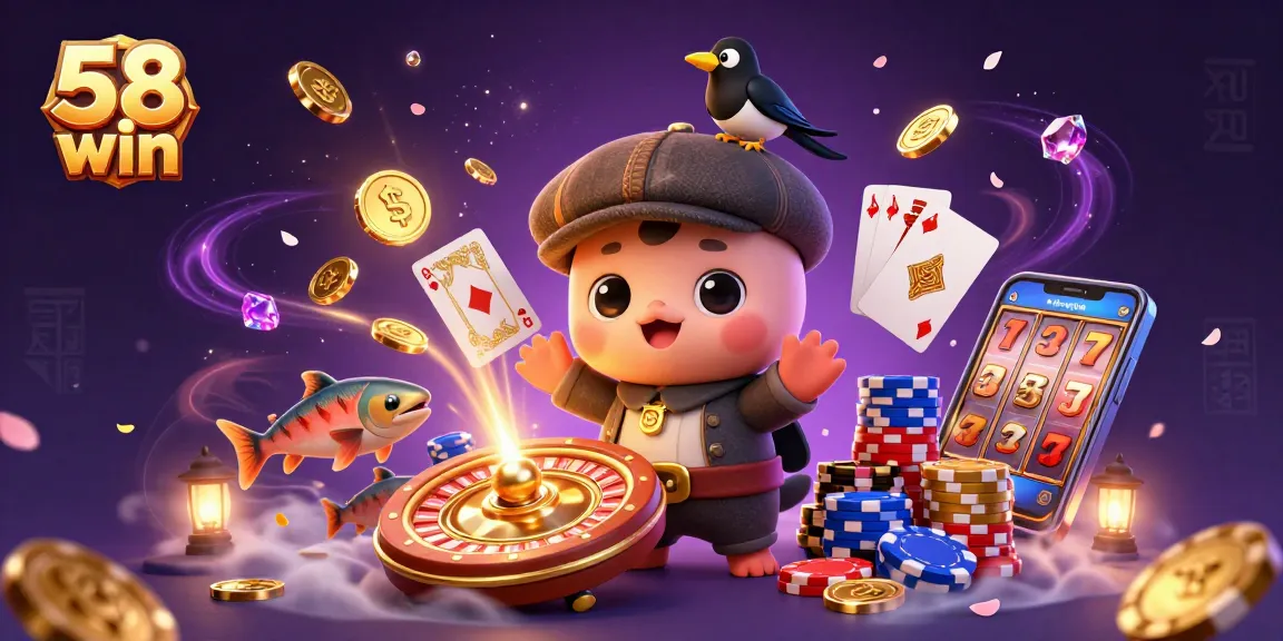 Win big with 58 win's captivating 3D illustration featuring Nessie and friends enjoying dynamic casino action.