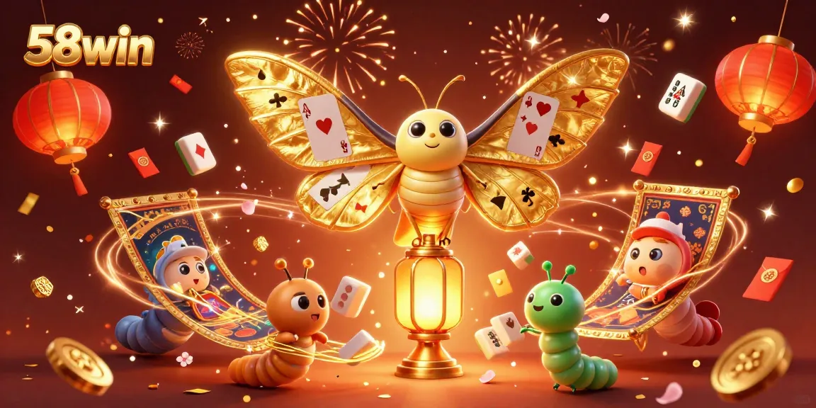 Engage with 58win's vibrant 3D casino experience showcasing golden moths and floating mahjong tiles.