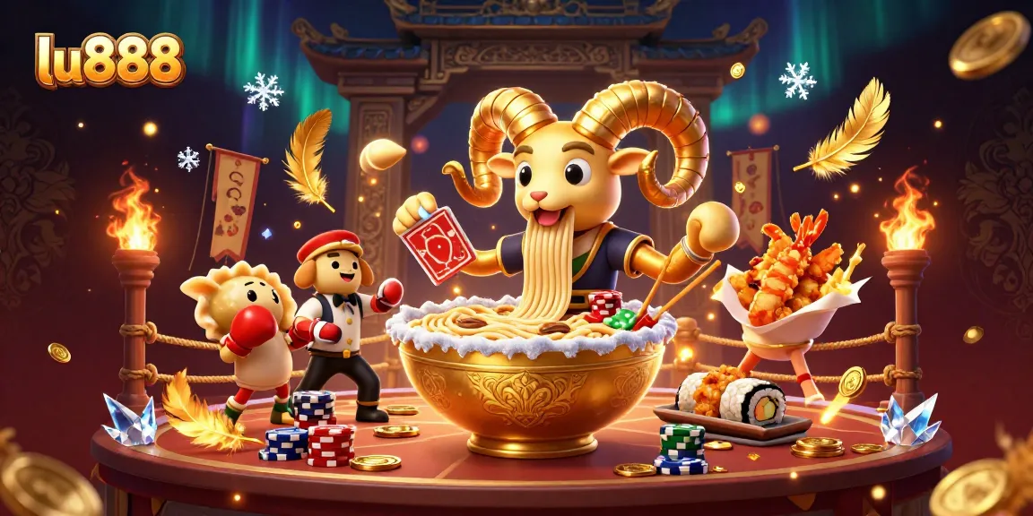Engage with the vibrant lu888 casino scene featuring a golden ramen bowl dealer and dynamic game elements.