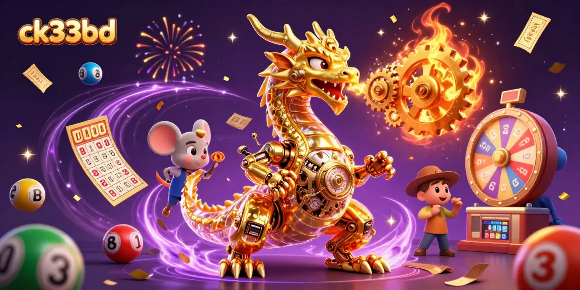 Engage with ck33bd's thrilling casino experience, where a golden dragon breathes gears amidst colorful lottery excitement.