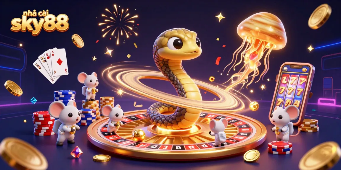 Experience thrilling gaming at nhà cái sky88 with a vibrant 3D casino illustration featuring a whimsical roulette wheel and playful astronaut mice.