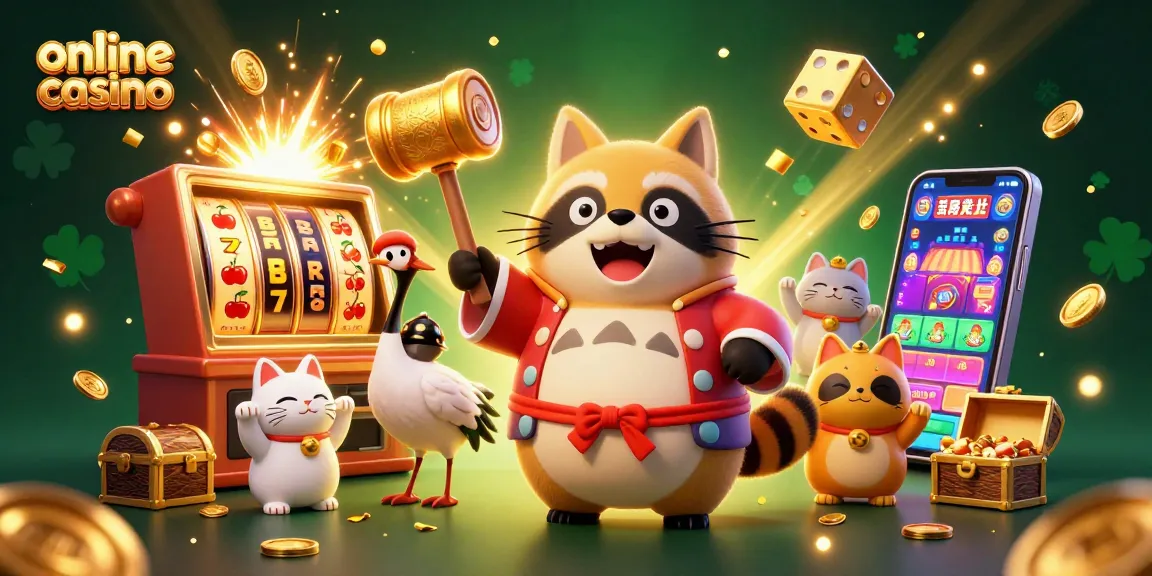 Experience thrilling online casino action with cheerful characters, slot machines, and vibrant visuals
