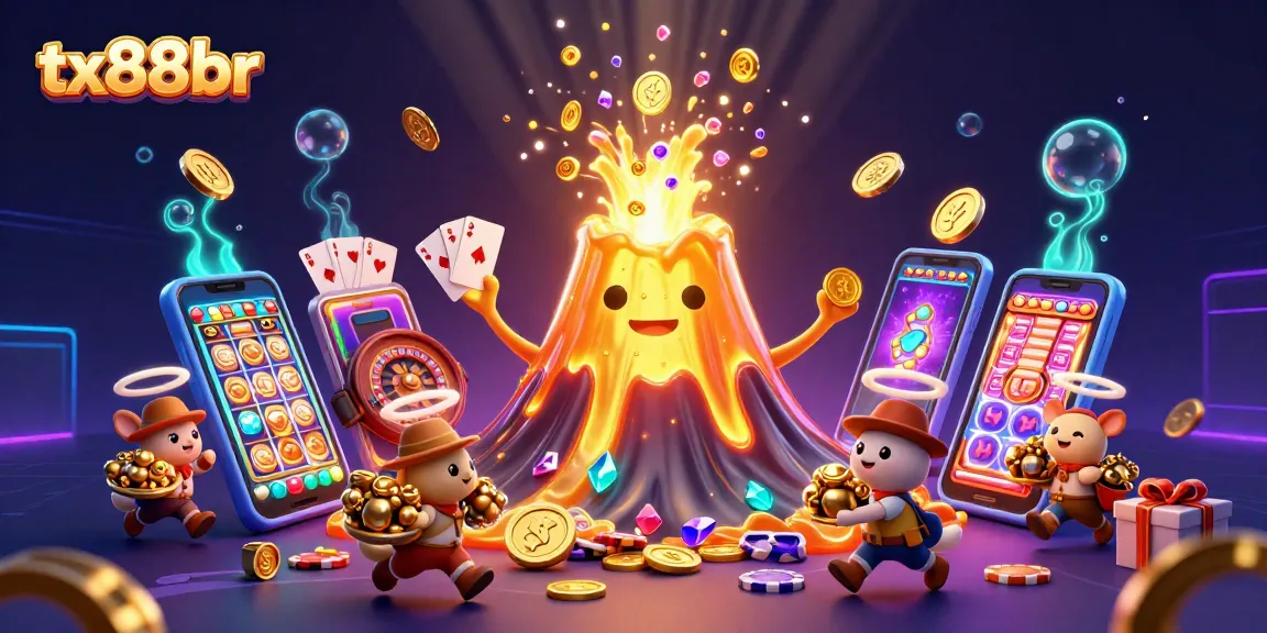 Experience excitement at tx88br with a golden volcano erupting coins, gemstones, and thrilling casino elements.