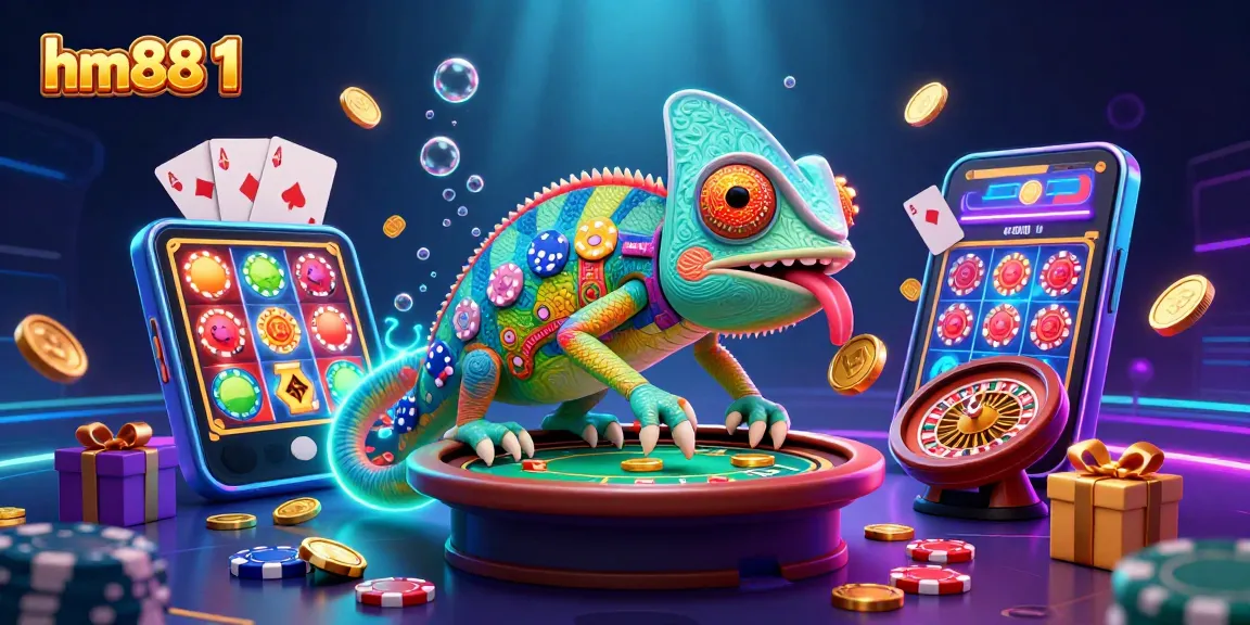 Experience excitement at hm88 1 with a vibrant casino scene featuring a chameleon owner collecting coins.