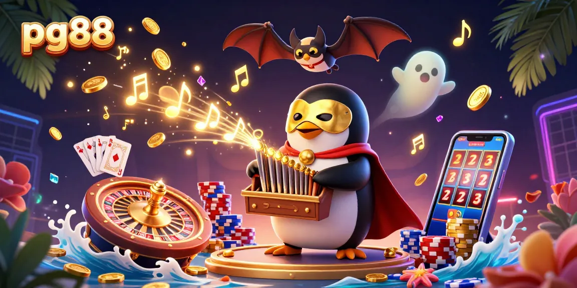 Engage with pg88's vibrant gambling scene featuring a penguin at a pipe organ amidst golden coins and casino elements.