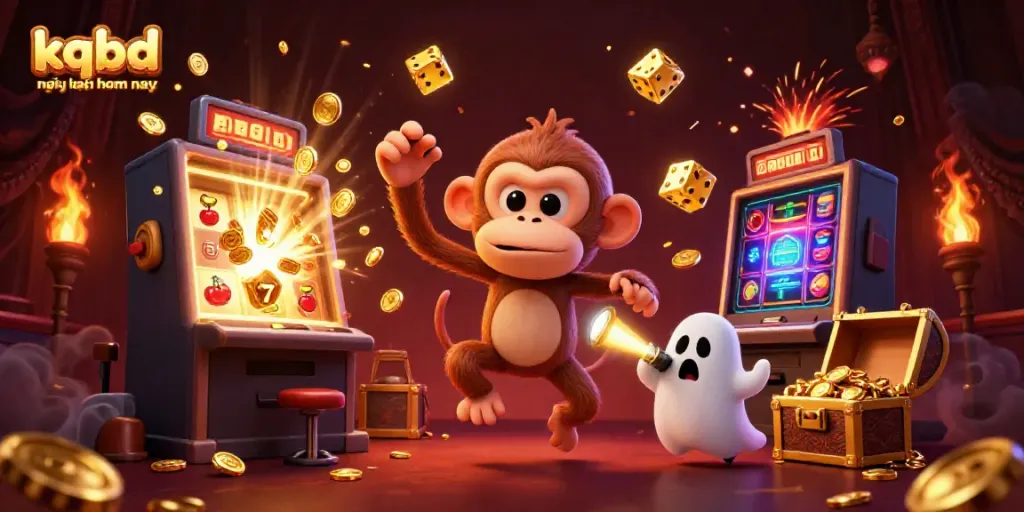 Experience kqbd mới nhất hôm nay with a playful poltergeist monkey amidst a vibrant jackpot scene