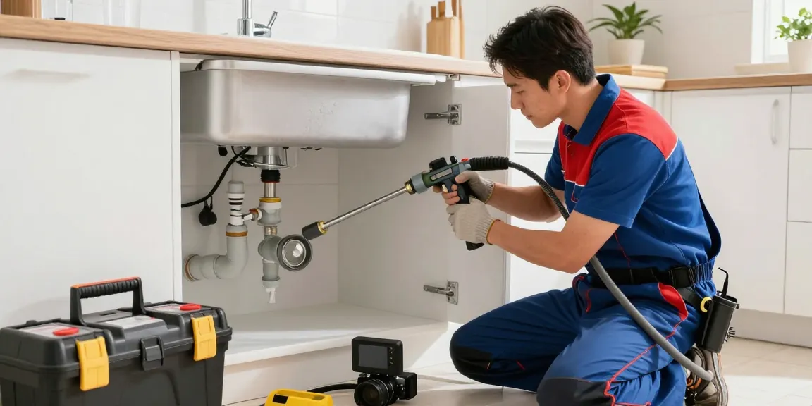 Professionele ontstoppingsdienst aan het werk met hogedrukreiniging en camera-inspectie in moderne keuken.