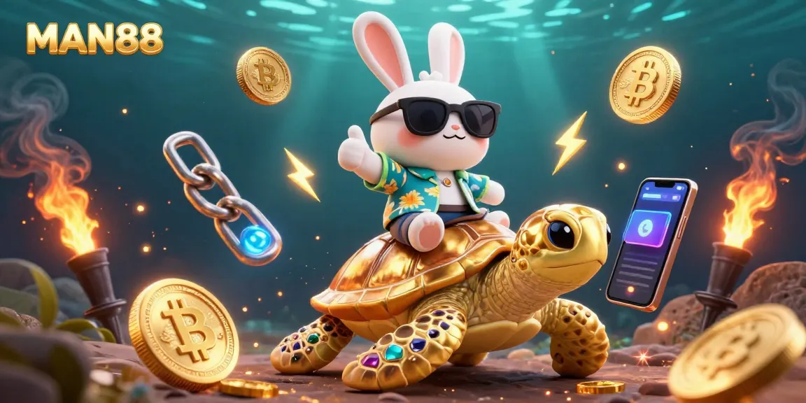 Engage with the thrilling world of MAN88 as the lucky rabbit and golden turtle celebrate crypto gaming adventure.