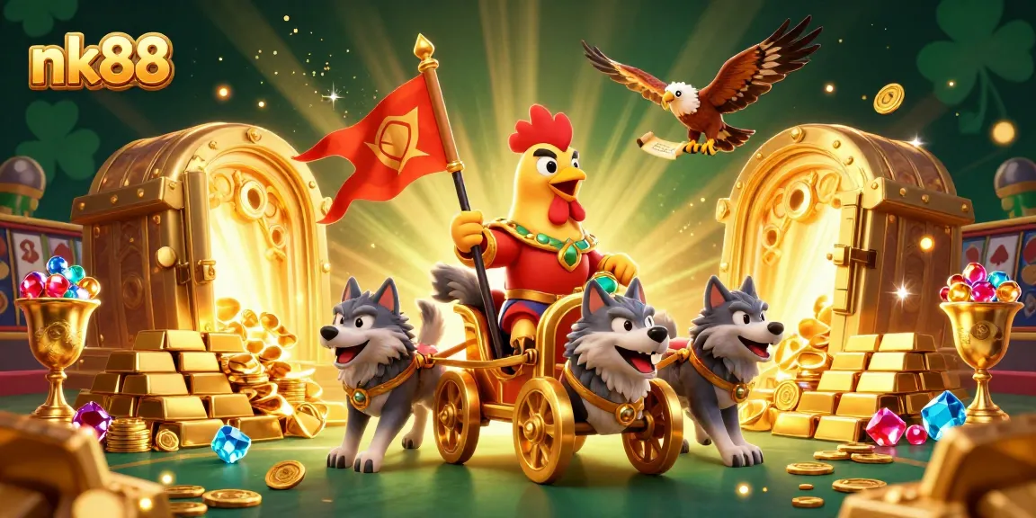Experience epic gameplay with nk88, showcasing a rooster warlord and golden treasures in a vibrant casino setting.
