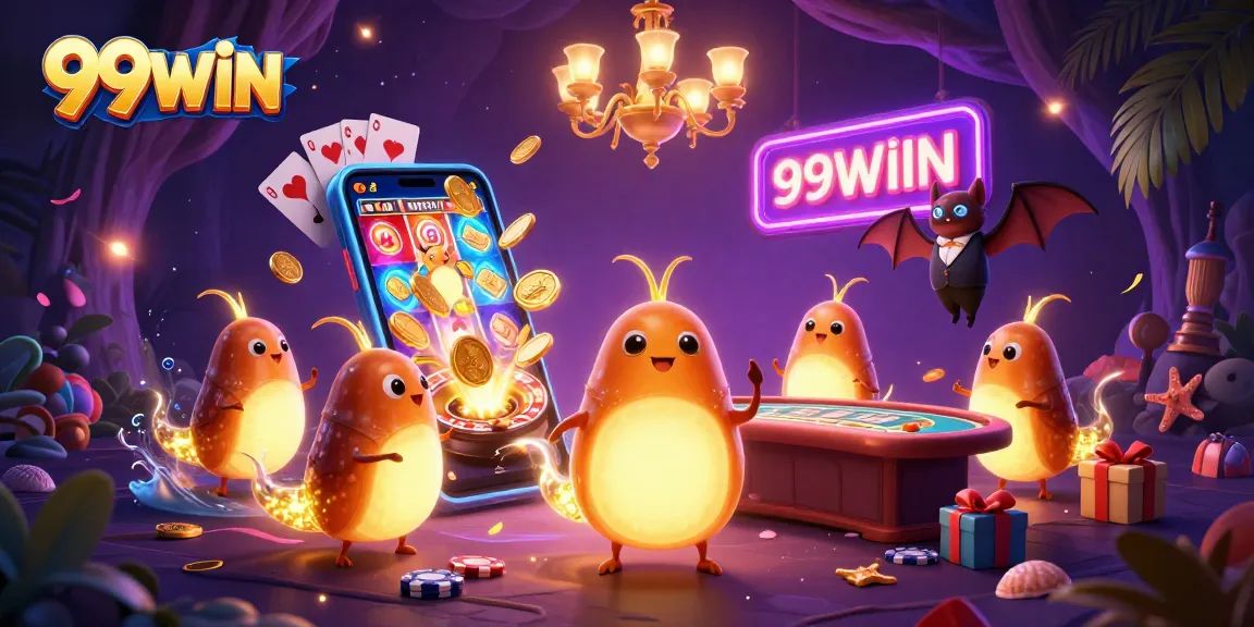 Experience thrilling gameplay with 99WIN's glowing team illuminating a vibrant cave casino.