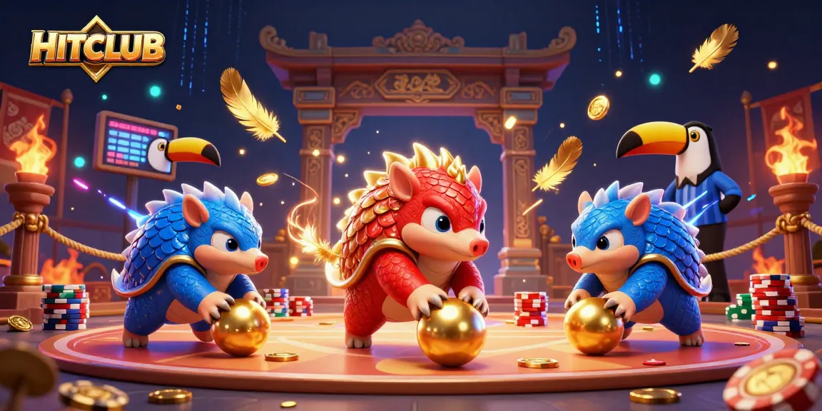 Join the excitement at HITCLUB as pangolins roll through poker chips in a vibrant casino scene.