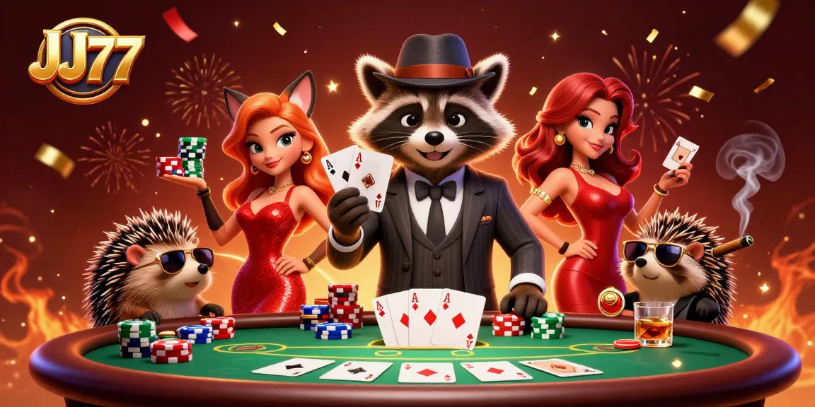 Experience the thrill of JJ77 poker with charming characters and vibrant casino elements.