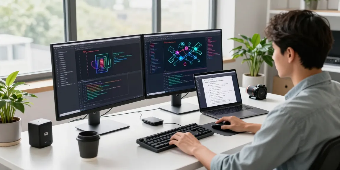 快连 network acceleration platform software development workspace with coding screens and modern tech setup.