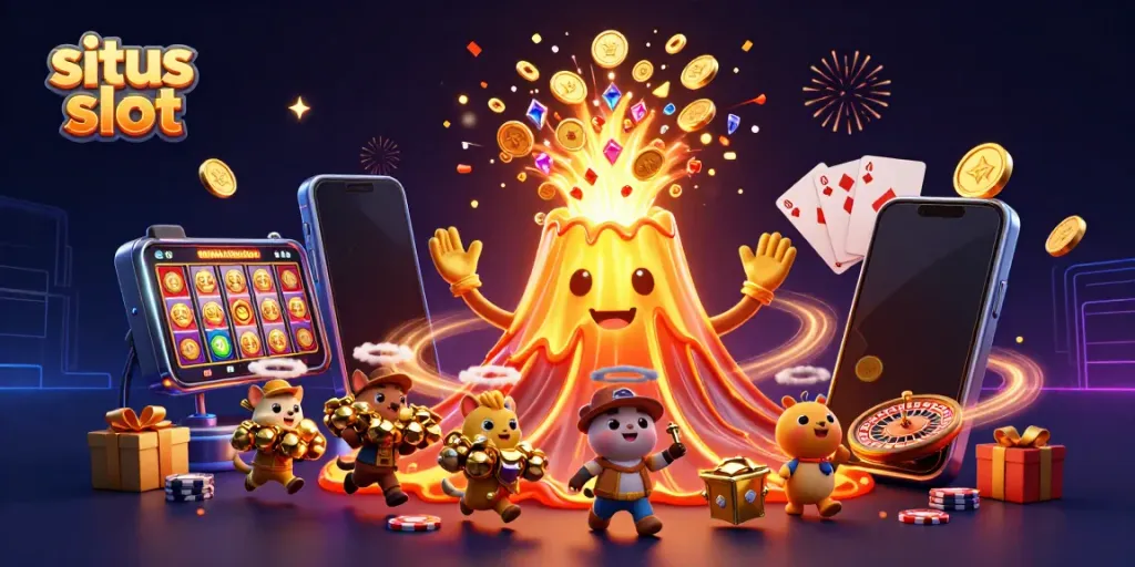 Experience the thrill of situs slot with a golden volcano erupting coins, alongside vibrant gaming elements.