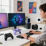 Affordable tech gadgets on a modern workspace table, showcasing a Bluetooth game controller, smartwatch, and mini keyboard.