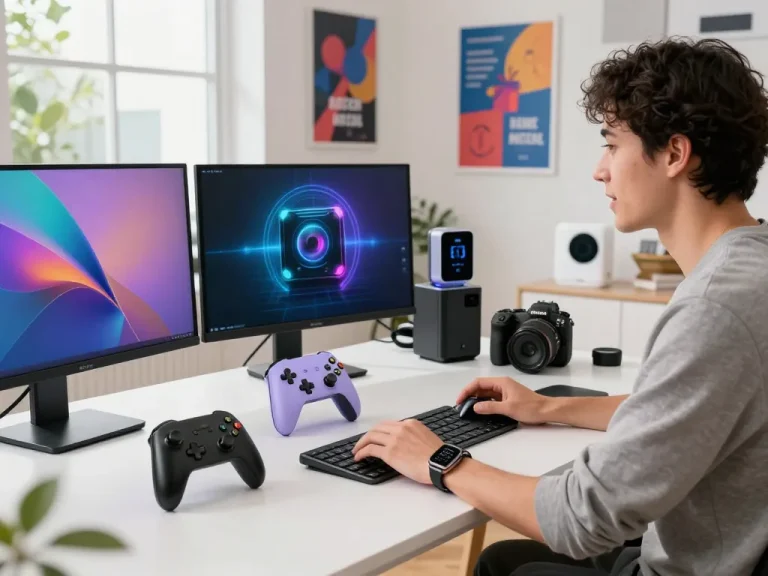 Affordable tech gadgets on a modern workspace table, showcasing a Bluetooth game controller, smartwatch, and mini keyboard.