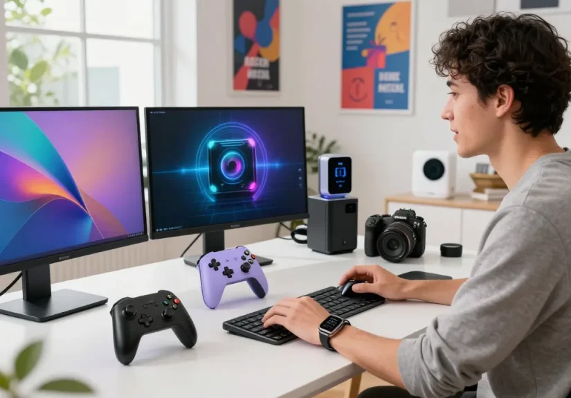 Affordable tech gadgets on a modern workspace table, showcasing a Bluetooth game controller, smartwatch, and mini keyboard.