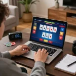 Engaged player enjoying blackjack gameplay on laptop, showcasing 789win casino experience.