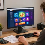Engaging scene of a player strategizing for jus77 online casino gaming, showcasing an organized and vibrant workspace.