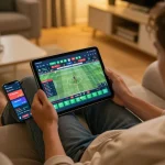 Engaging mobile betting experience with uk88 app on tablet, showcasing enthusiasm and strategy in a cozy atmosphere