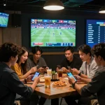 Friends engaging in real-time sports betting excitement using ai88bet app in a lively bar atmosphere.